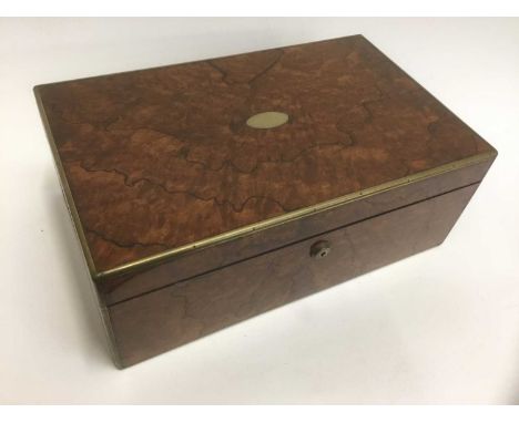 Good quality Victorian burr walnut and brass mounted writing slope, the top with inset oval plaque, the coromandel lined inte