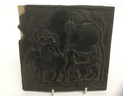 Rare 19th century carved slate panel, in low relief with scene of procession of figures riding an elephant and gorilla, signe
