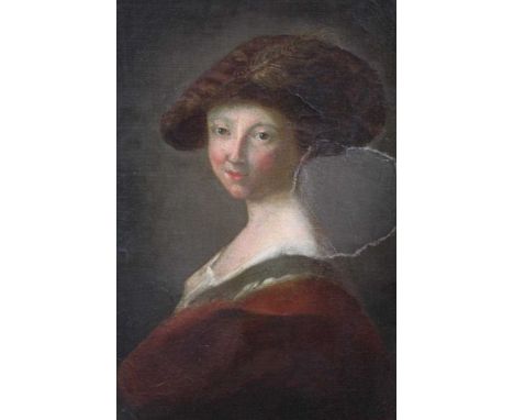18th century French School oil on canvas - portrait of a lady wearing a feathered hat, in a good carved giltwood frame, 57cm 