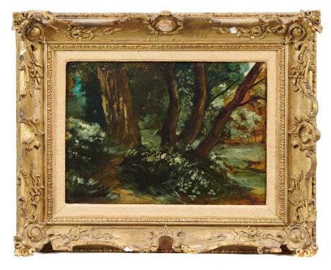 Circle of John Constable (1776-1837) oil on oak panel - The Dell, 28.5cm x 39.5cm, a 19th century label verso stating 'The De
