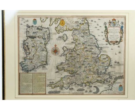 John Speed (1552-1629) - hand coloured engraving- map of the British Isles, 'The Invasions of England and Ireland with al the