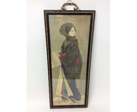 Early 20th century Japanese painting on silk, lady in the snow with parasol, in glazed period frame, overall size 79 x 33cmPr