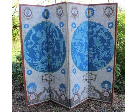 Highly unusual early 20th century four fold painted canvas screen, handpainted with northern and Southern Hemisphere constell