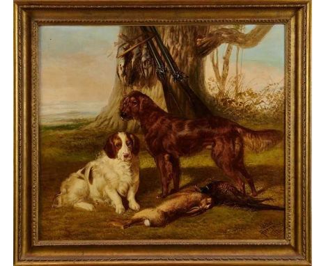 Walter Harrowing (c.1838-1913) oil on canvas - gun dogs and dead game, signed and dated 1884, in gilt frame, 50cm x 57cmCondi