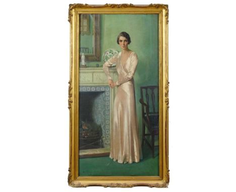 *Sir James Gunn (1893-1964) oil on canvas - portrait of an elegant lady, Mrs Evelyn Grindley, before a fireplace, signed, in 