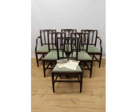 Set of six 19th century mahogany Sheraton dining chairs with carved pierced vertical splats and drop-in seats on square taper