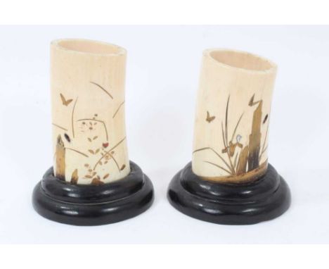 Pair of Japanese ivory and shibyama tusk section vases, each with birds and insects amongst foliage in lacquer, inlaid wood a