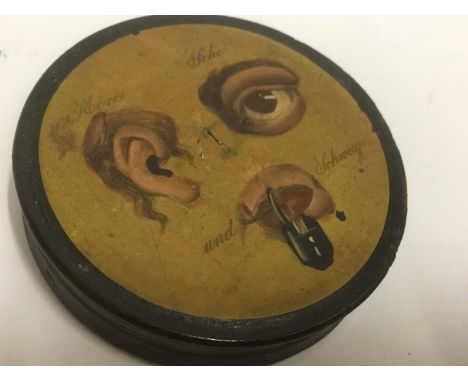 Rare mid 19th century Continental novelty papier mâché snuff box, circular form with 'hear no evil, see no evil, speak no evi