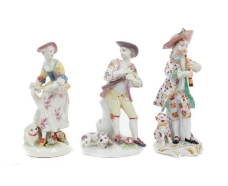 A pair of 18th century Bow porcelain figures of a shepherd piper and shepherdess, shown standing on floral-moulded plain base