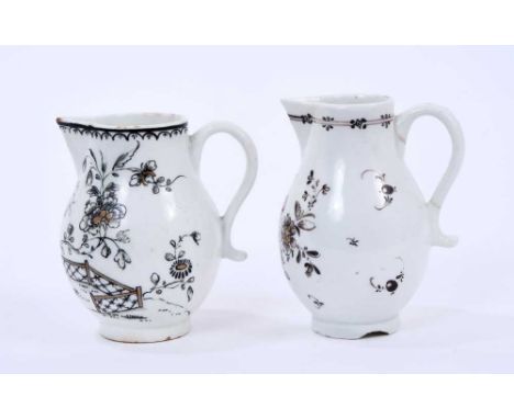 Two Lowestoft sparrow beak jugs, the first strongly pencilled in black with a Question Mark rock beside a fence and flowering