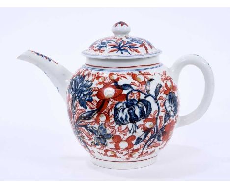 Lowestoft teapot and cover, of globular form with a straight spout and mushroom finial, printed in blue with large scale flow