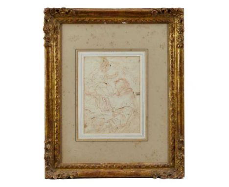 Italian Old Master type sepia pen and ink study of a monk and cherub in glazed gilt frame. The image 18.5 x 13.5cmCondition r