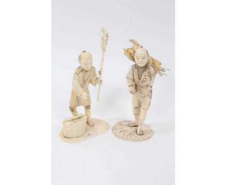 Japanese Meiji period carved ivory okimono of a woodcutter, 18cm high together with another depicting a man with a broom, bot