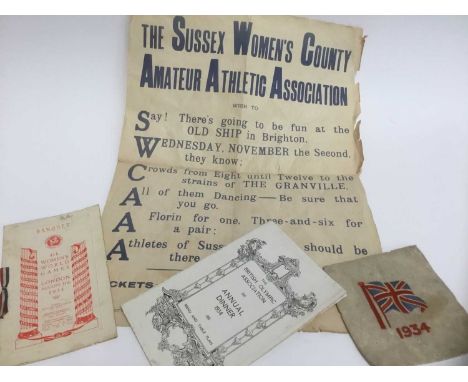 Athletics related ephemera, including 1934 British Olympic Association annual dinner menu and table plan, 1934 fabric badge, 