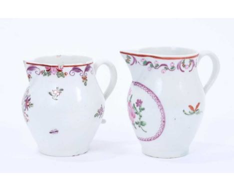 Two Lowestoft sparrow beak jugs, both painted in the Curtis style with flowers, the first with a puce panel below the spout, 
