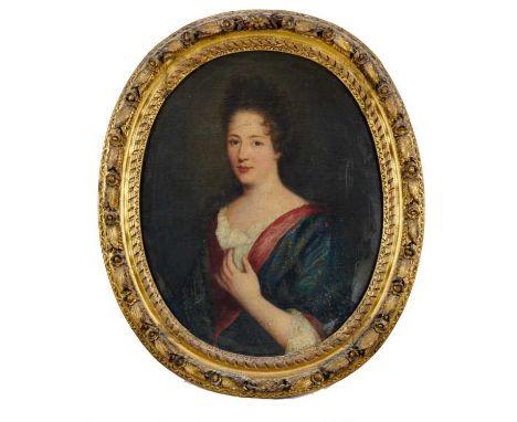 18th century, English School, oval oil on canvas laid on board - portrait of a lady in patterned cloak, in gilt frame, 72cm x