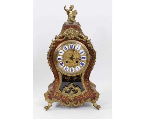 Mid 19th century French boulle work mantel clock in Louis XIV revival case with enamel numerals on gilt dial, French cylinder