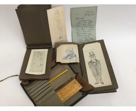 An early 20th century sketch book containing a collection of amusing pencil caricatures, together with a letter dated 1901 re