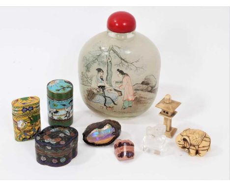 Large Chinese inside painted glass snuff bottle, with coral coloured glass stopper and painted figural scenes to each face, 1