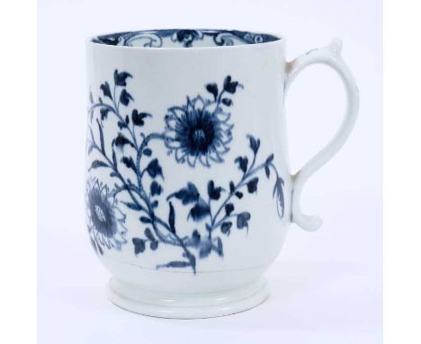 Two Lowestoft bell mugs, the first painted in blue with two flowering stems, a smaller sprig and a moth to the reverse, paint