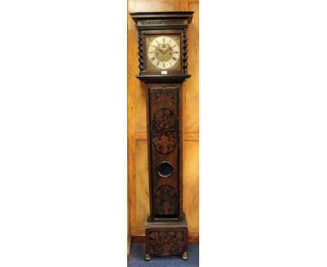 Late 17th century marquetry long case clock, with possibly associated 8 day movement, 5 pillar movement, 10” square dial with