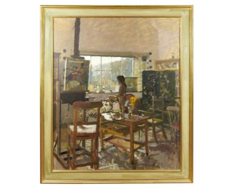 *Ken Howard (born 1932) oil on canvas - female nude in artist's studio, titled 'Sarah, Mousehole Interior II', signed, in gil
