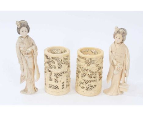 Pair of Japanese carved ivory figures of geisha, 15cm high and pair of Canton pierced ivory brush pots