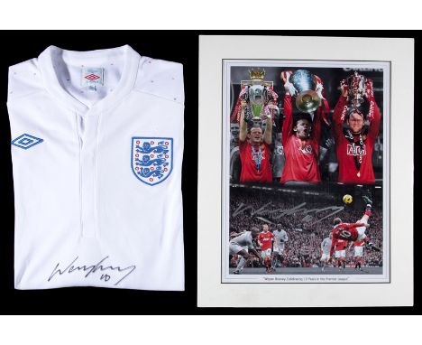 A Wayne Rooney signed shirt and photo print,
a white England replica shirt signed in black marker pen; and a colour photo pri