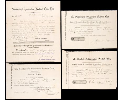 Four banker's receipts for Sunderland AFC share issues dating between 1896 and 1898,
named to J.G. Moore Esq.