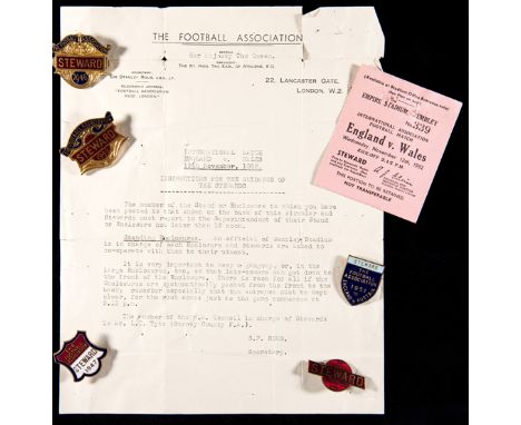 Five gilt-metal & enamel Football Association Steward's badges,
for 1947, 1948, 1949, 1952 and one specifically inscribed for