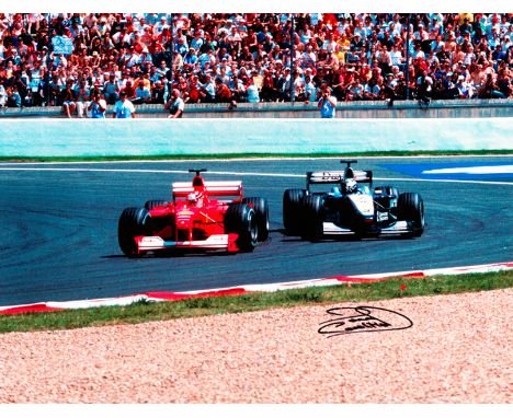 David Coulthard signed 2000 French GP poster-size colour photographic print,
his black marker pen signature on an A-0 size ph