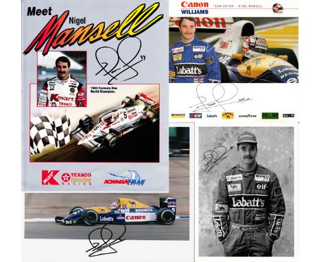 1990s Nigel Mansell F1 and Indy Car signed ephemera collection,
comprising a 1991 black & white portrait 8 by 6in. photo, a c