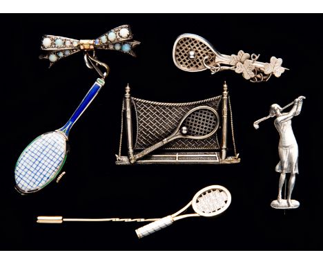 A group of ladies tennis-themed jewellery,
including a ladies cocktail watch designed as a tennis racquet, by Bruner Master-B