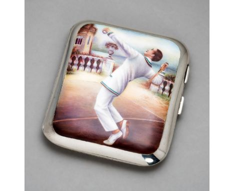 A fine quality continental silver & enamel cigarette case decorated with a gentlemen tennis player circa 1910,
stamped F B E 