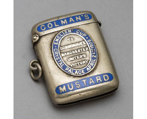 A Colman's Mustard vesta case commemorating the victory of Manchester United in 1909 F.A. Cup final,
white metal & blue ename