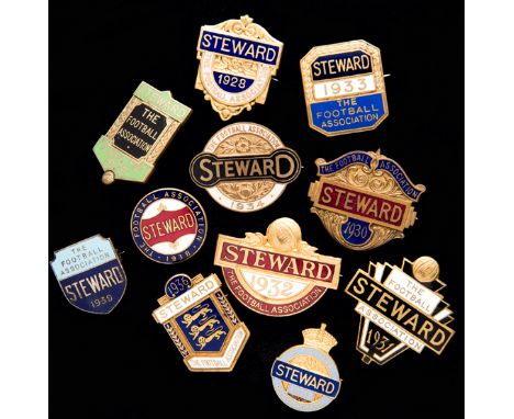 A group of eleven gilt-metal & enamel Football Association Steward's badges,
each inscribed THE FOOTBALL ASSOCIATION, STEWARD