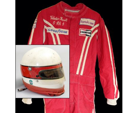 Valentino Musetti 1970s raceworn Bell helmet and Formula 1 racesuit,
the white Bell helmet with horizontal red band as worn i