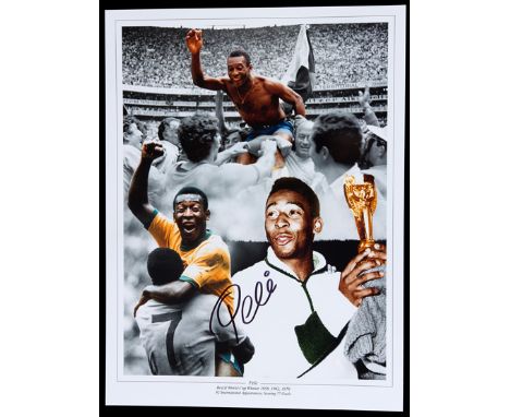 A Pele signed colour photo print,
commemorating his World Cup wins in 1958, 1962 & 1970, signed in black marker pen, 16 by 12