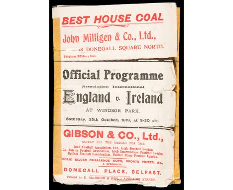 Ireland v England international programme played at Windsor Park 25th October 1919,
paper tears along old folds and old sello