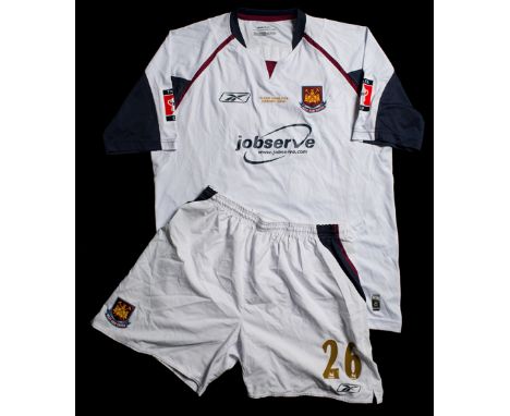 The white West Ham United No.26 jersey and shorts match-prepared for Shaun Newton in the 2006 F.A. Cup Final,
the jersey shor