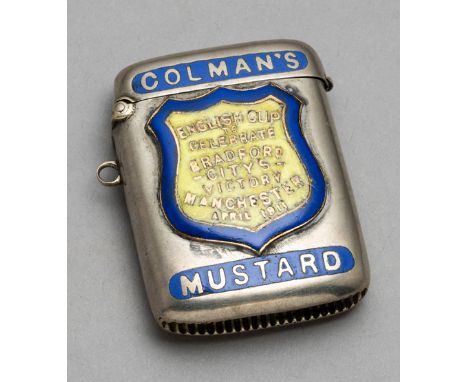 A Colman's Mustard vesta case commemorating Bradford City's 1911 F.A. Cup victory,
white metal with yellow & blue enamel insc