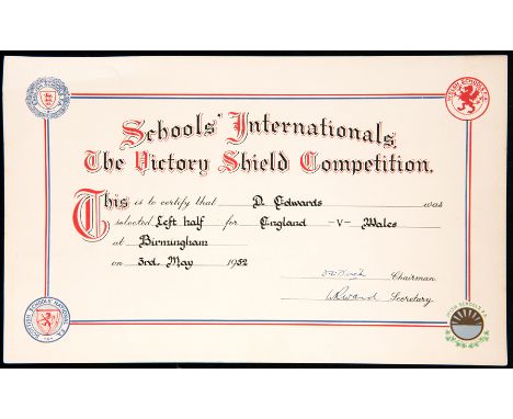 A rare and early item of Duncan Edwards memorabilia: an English Schools' F.A. 'Schools Internationals' certificate for The Vi