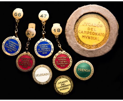 A fine collection of eight official 1930 World Cup badges,
all inscribed CAMPEONATO MUNDIAL DE FOOTBALL - MONTEVIDEO - 1930, 