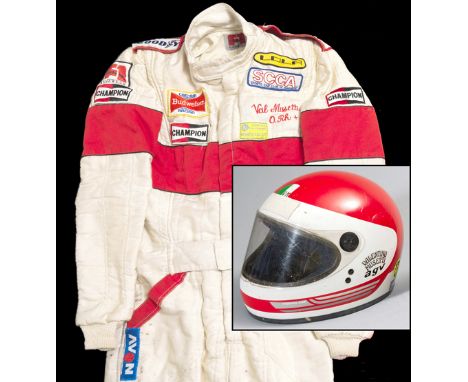 Val Musetti 1980s raceworn AGV helmet and CAN-AM racesuit,
a red and white AGV full-face helmet design, initials VM set on a 