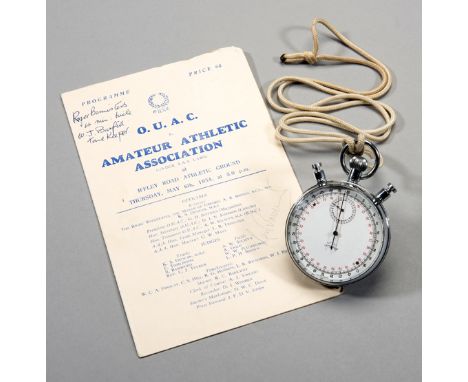 The stopwatch used by W. J. Burfitt a timekeeper at Iffley Road, Oxford, on the occasion of Sir Roger Bannister running the f