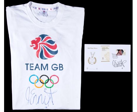 A London 2012 Olympic Games Team GB t-shirt signed by the heptathlon gold medallist Jessica Ennis,
signature in blue maker pe