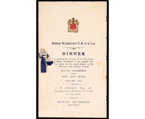 A signed Bolton Wanderers 1923 F.A. Cup Final dinner menu,
held at the Hotel Russell, 28th April, signed to the inside by the