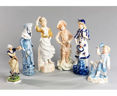 A group of six 19th century ceramic figurines depicting battledore and shuttlecock,
including an example by Copenhagen porcel