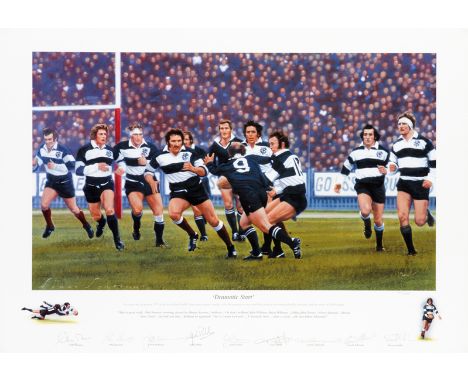 An autographed 1973 Barbarians v New Zealand print titled "Dramatic Start",
a limited edition print signed by the artist Simo