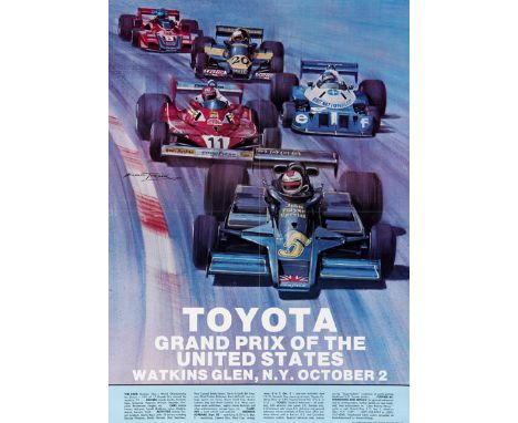 1977 and 1980 USA Grand Prix official Formula 1 Watkins Glen event posters,
both bearing specially commissioned images after 